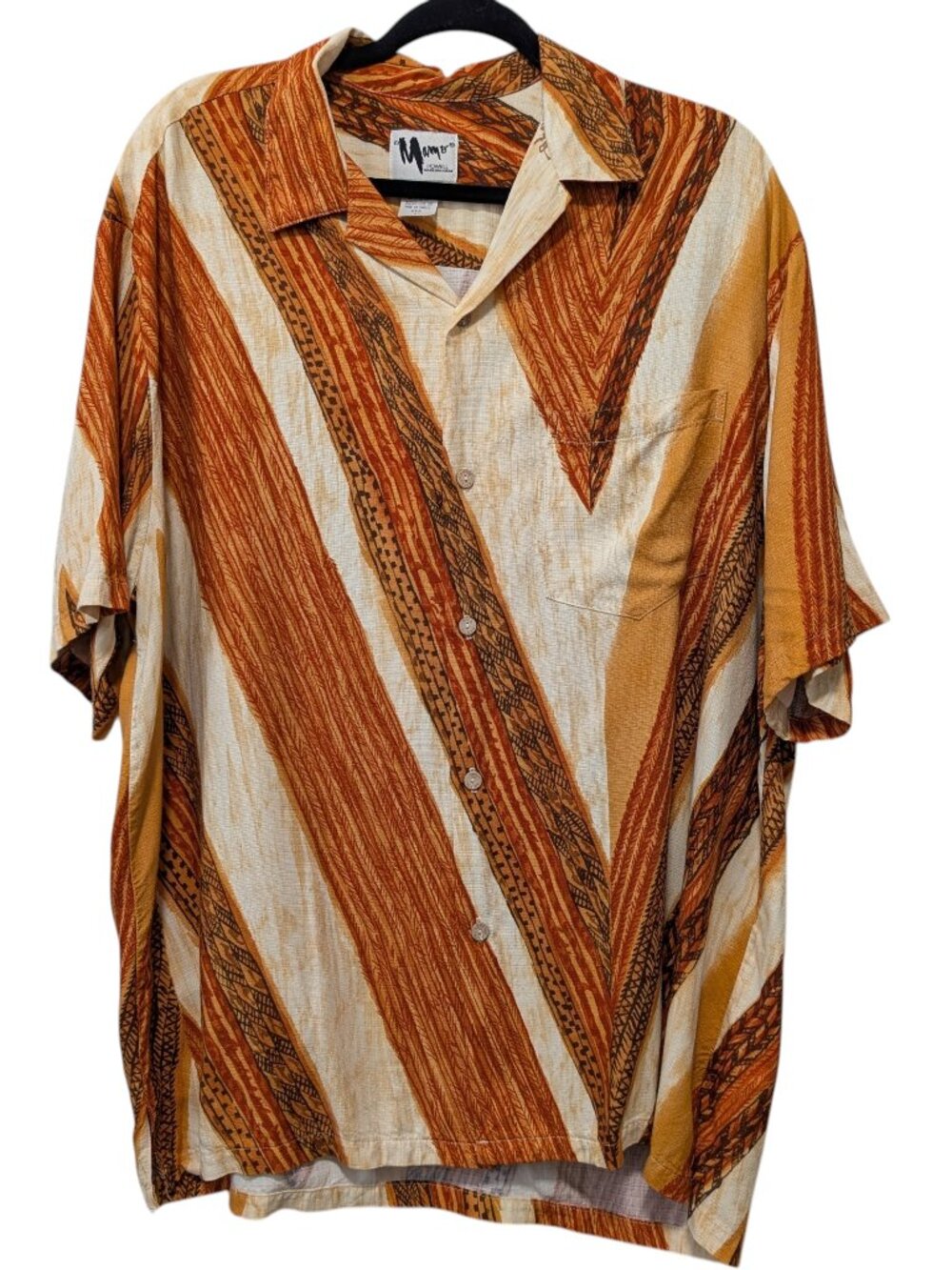 Vintage Mamo Howell Mens Size XL Cream Orange Brown Abstract Aloha Rayon Shirt